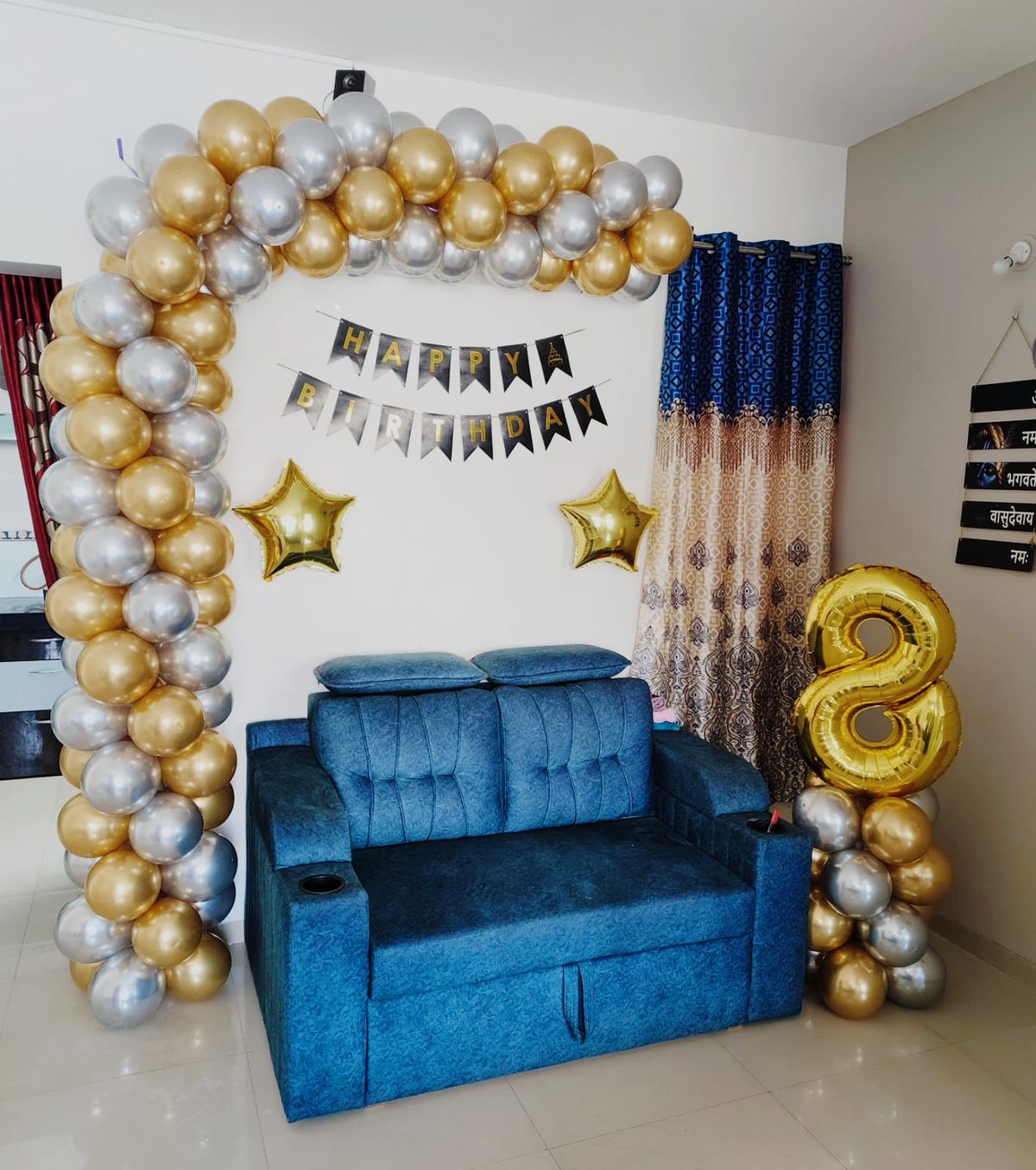 8th birthday decoration with silver and golden balloon 