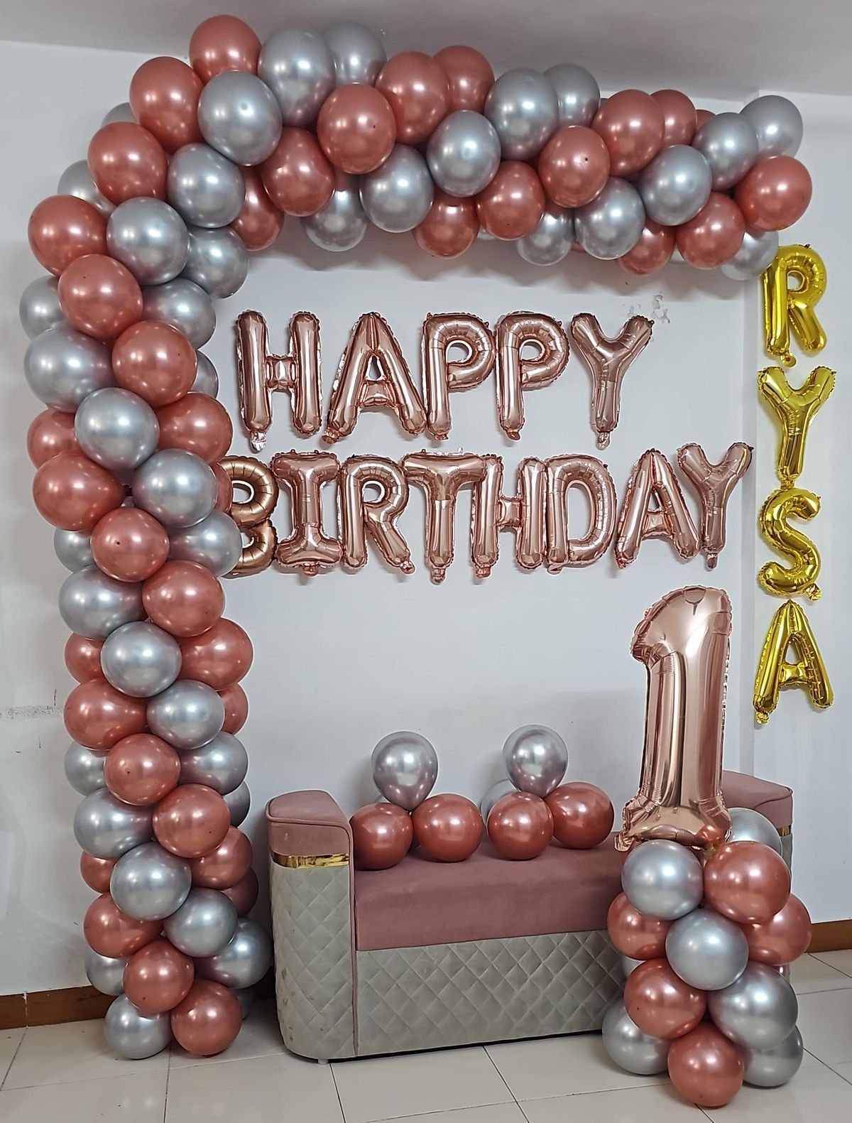 Sliver and rose gold balloon decoration arch