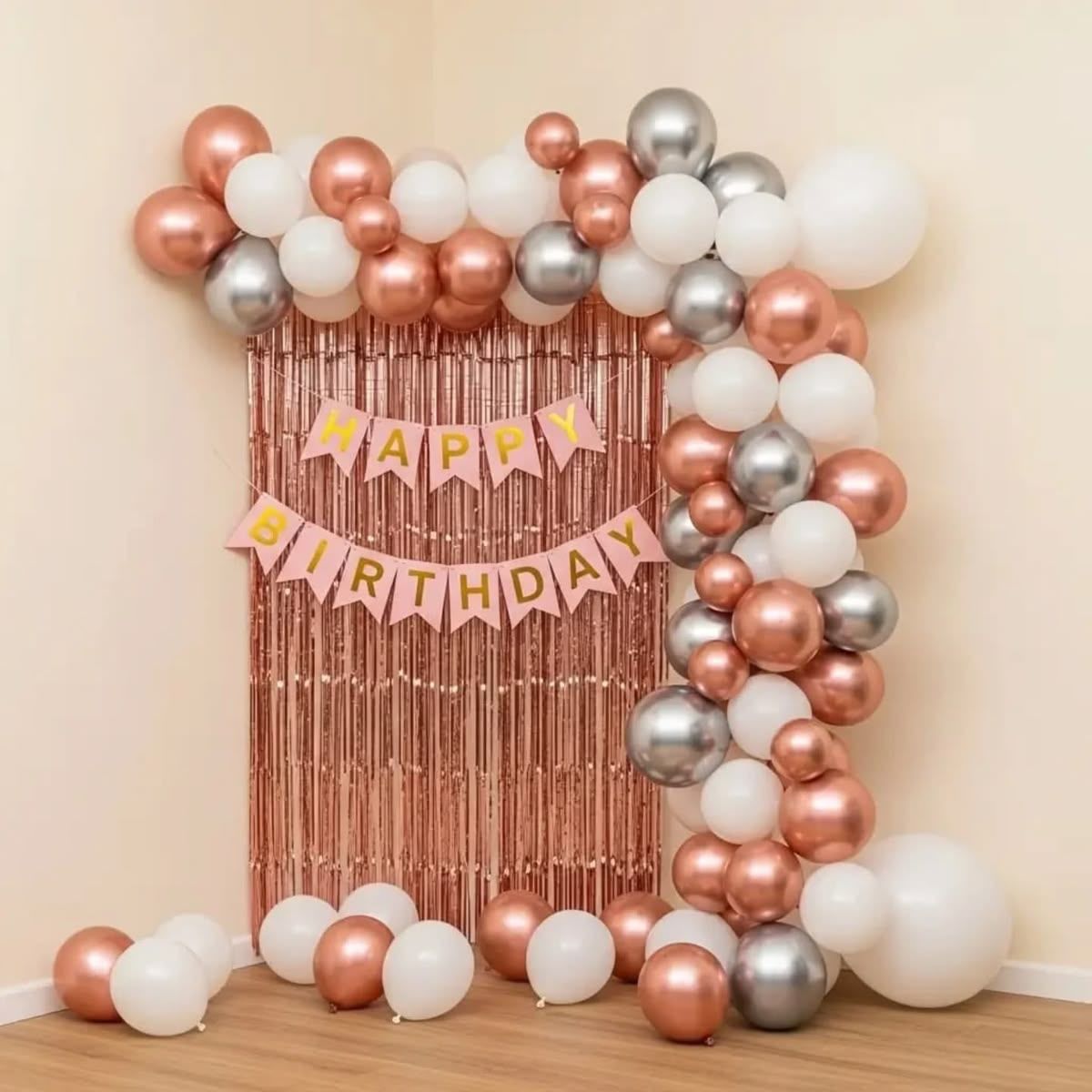Rose gold, white, silver balloon decoration 