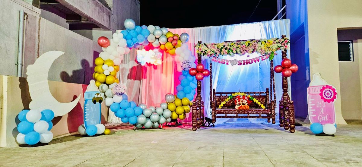 Baby shower full setup with jula, backdrop, balloon decoration 